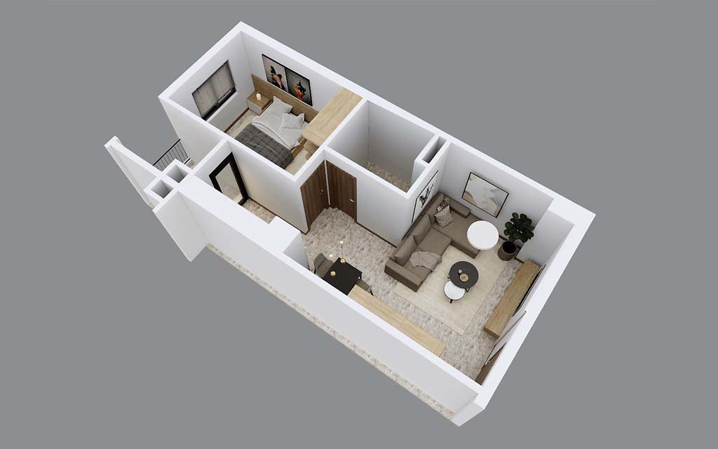 Mặt bằng 3D căn hộ 1 Phòng ngủ Sunrise Home Thanh Trì