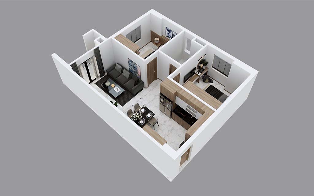 Mặt bằng 3D căn hộ 2 Phòng ngủ Sunrise Home Thanh Trì